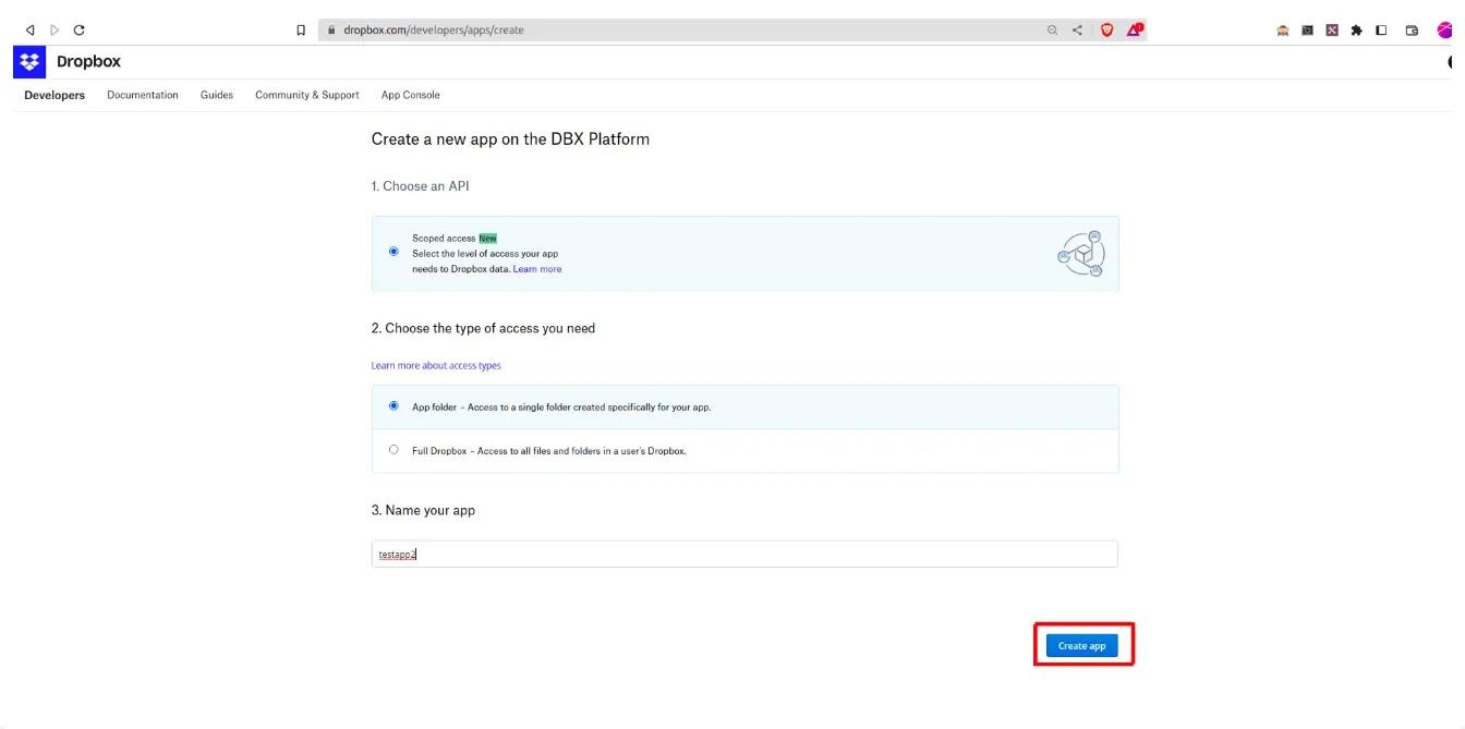 Реєстрація додатку на сторінці Dropbox, Unitsoft