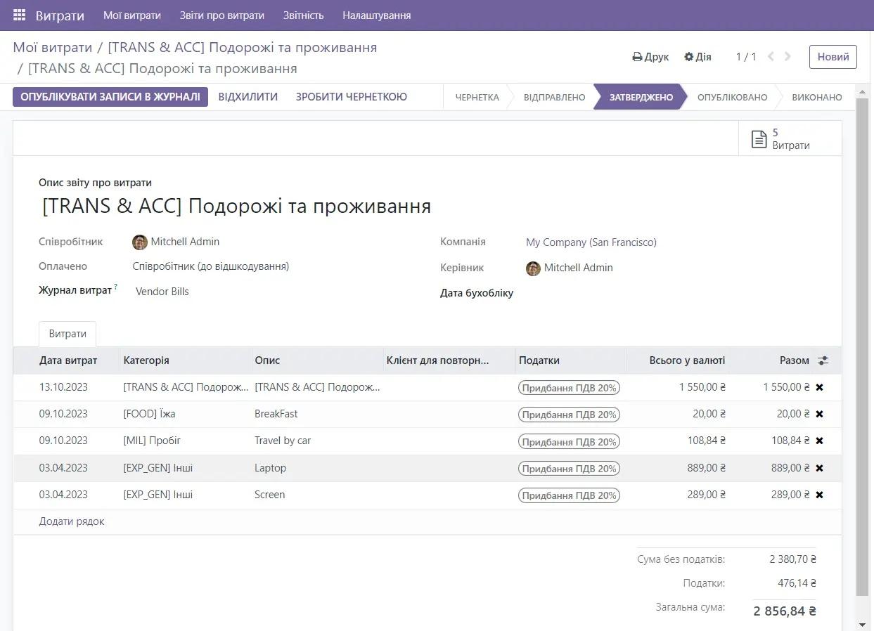 Звіти про витрати в модулі витрати в Odoo, Unitsoft
