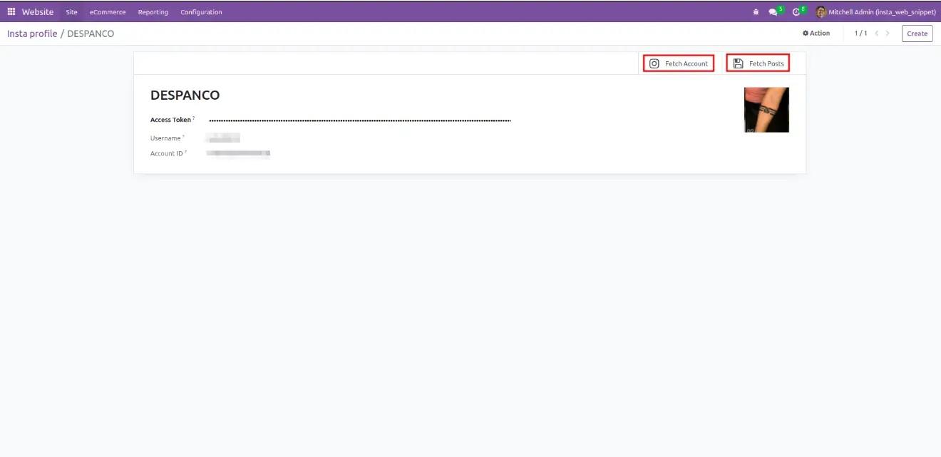 Налаштування профілю Інстаграм у веб-сайті в системі Odoo, Unitsoft