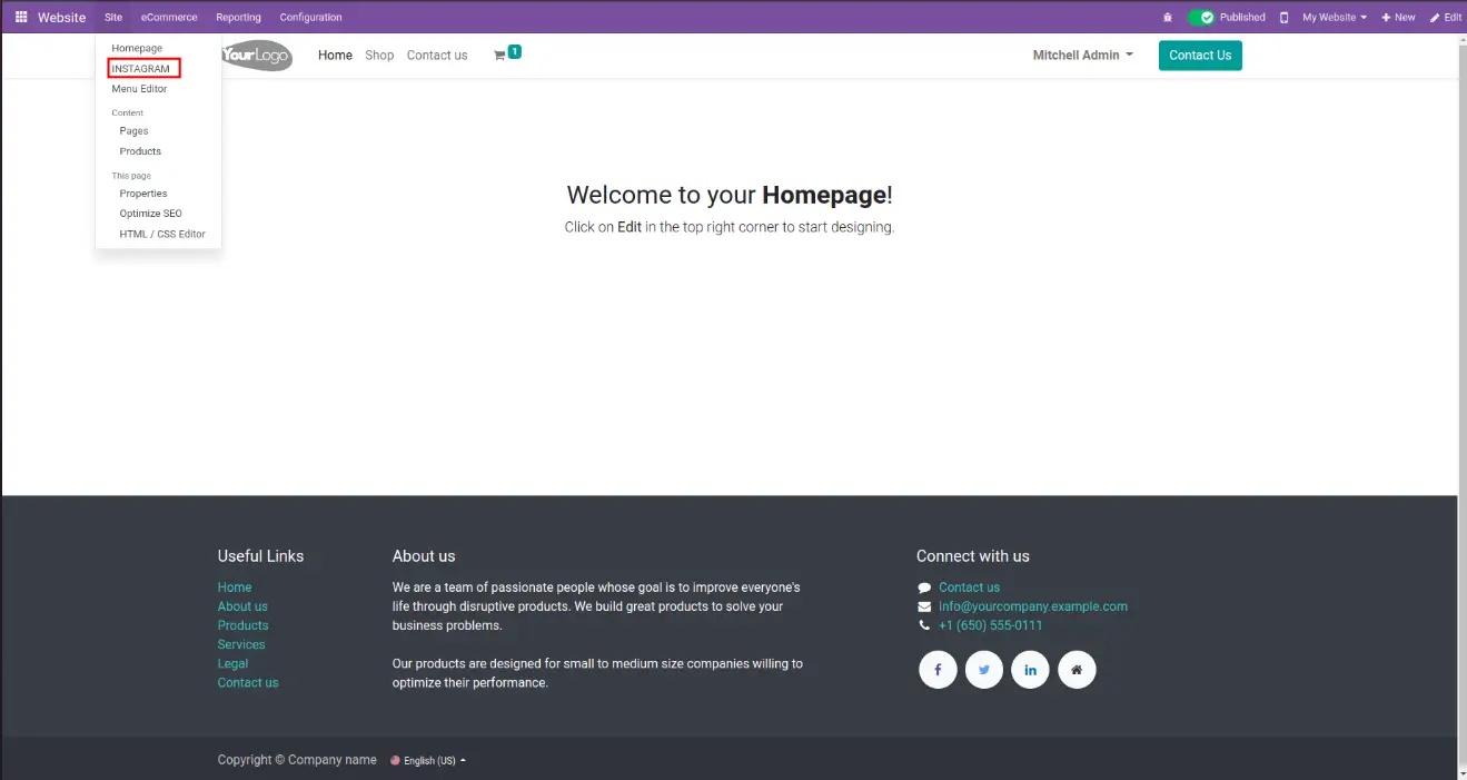 Перегляд дописів в Інстаграм у веб-сайті в системі Odoo, Unitsoft