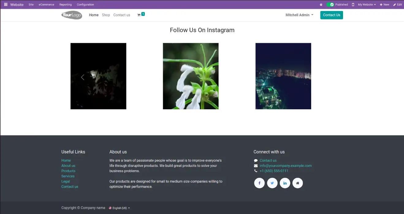 Сттрічка Інстаграм на себ-сайті у системі Odoo, Unitsoft