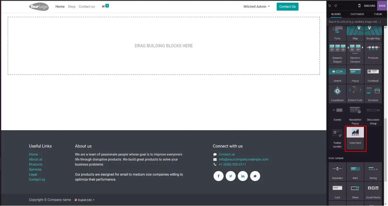Віджет Інстаграм у веб-сайті в системі Odoo, Unitsoft