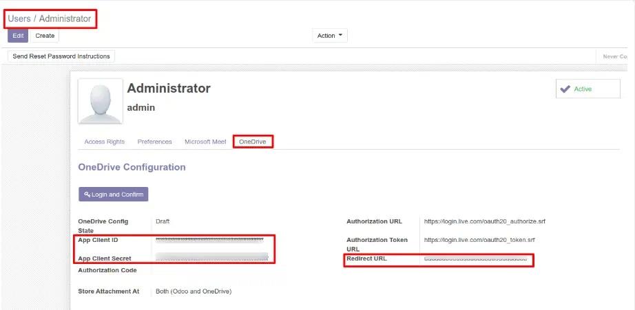 Користувач конфігурації OneDrive в Odoo