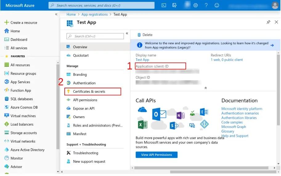 Сторінка реєстрації додатка в Azure з виділеними Client ID та розділом Certificates & secrets