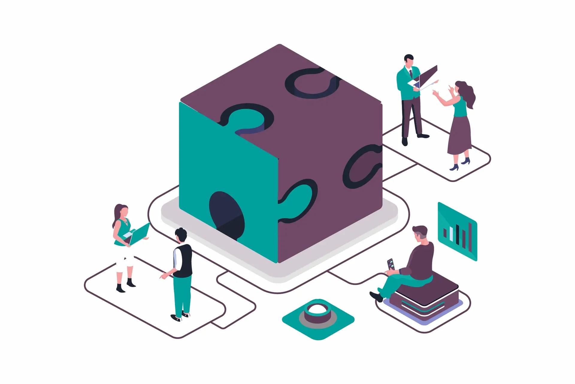 Virtual image of people working in groups near a cubic office