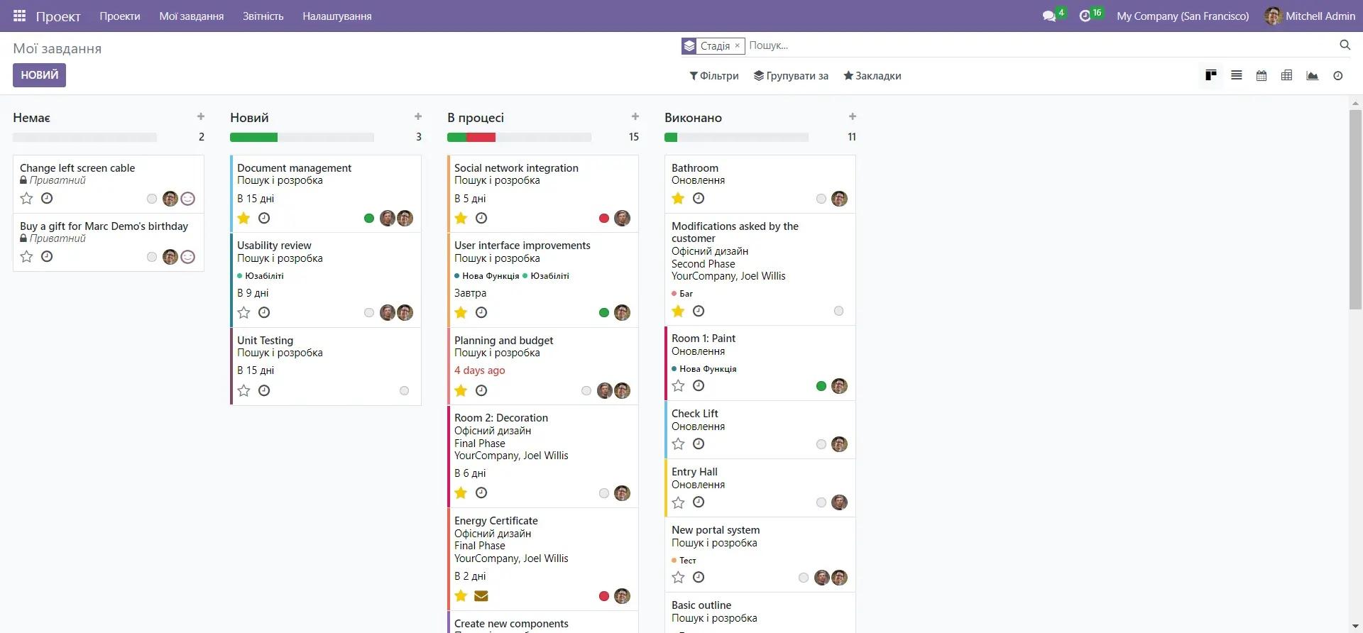 Розбитий проект на задачі в модулі Проекти в системі Odoo