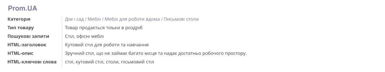 Параметри продукту Prom