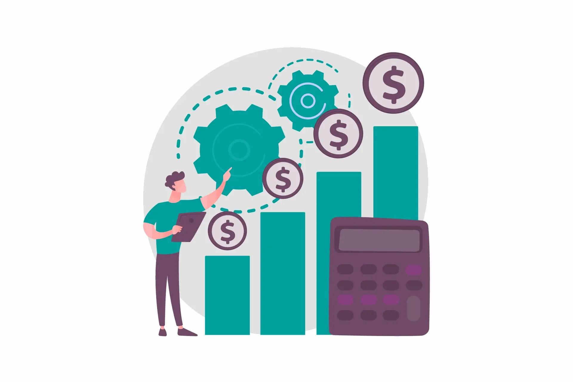 Man with tablet analyzing profit growth graph with gears, coins and calculator