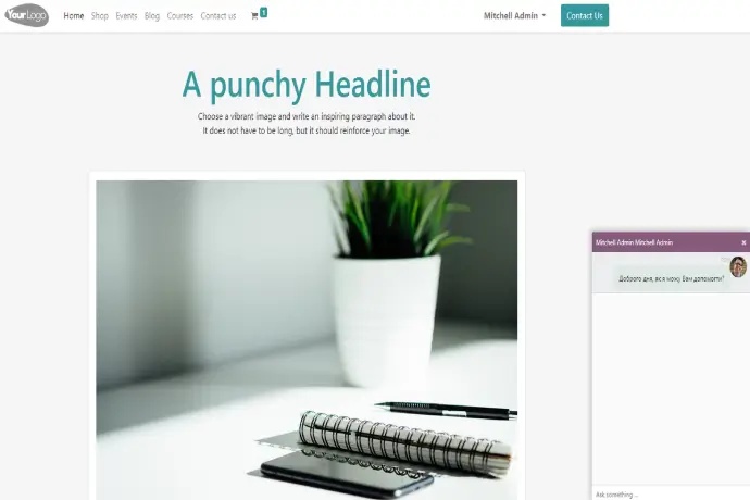 Вікно живого чату на фоні сайту в Odoo