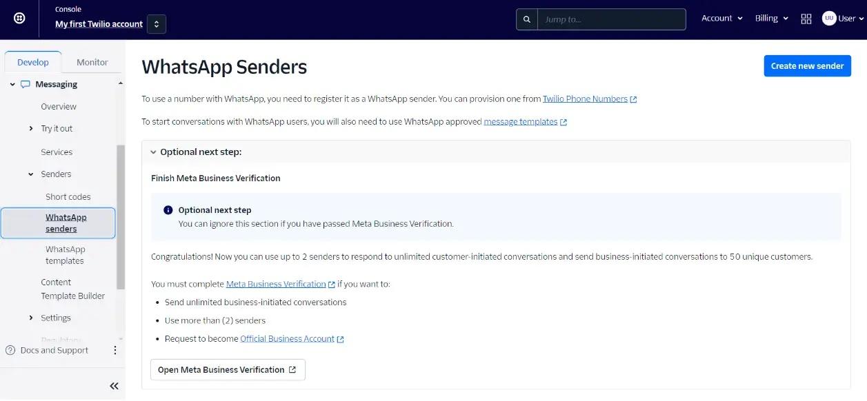 Створення нового відправника у вкладці WhatsApp Senders