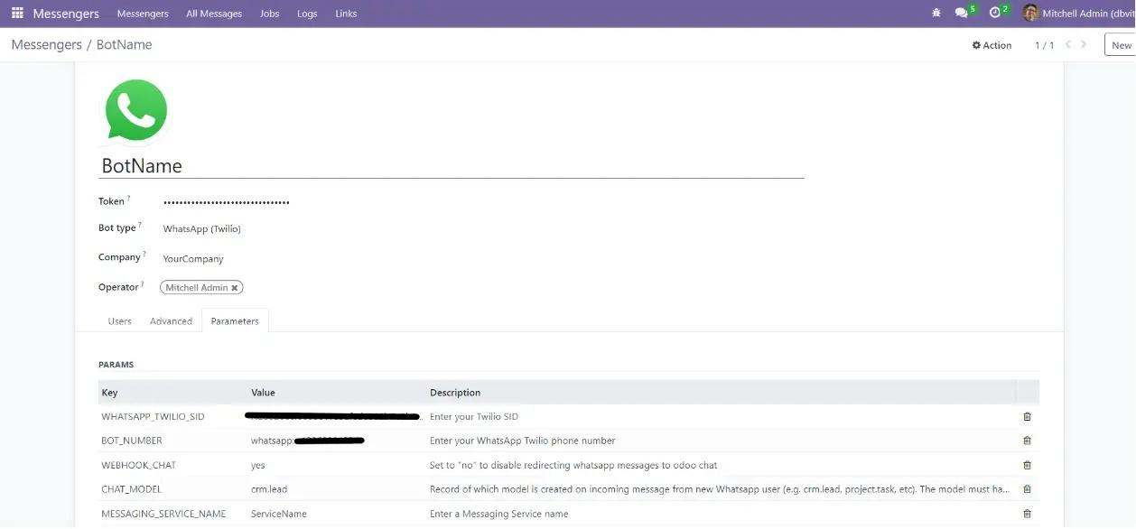 Месенджер WhatsApp Odoo